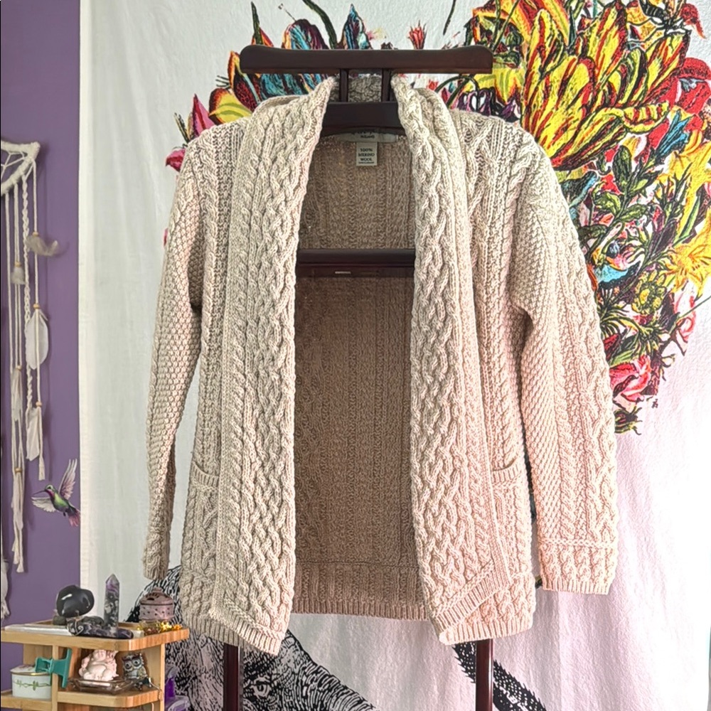 Classic Tan Cable Knit Cardigan 100% Merino Wool